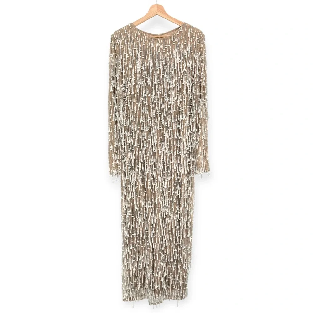 Mac Duggal Beige Long Sleeve Midi Dress With Embellished Fringe $898 - Size‎ 12